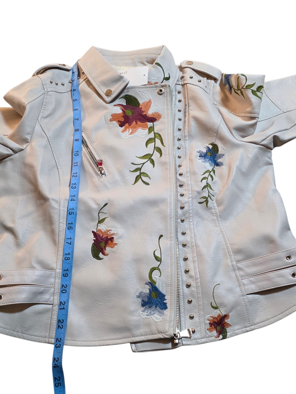 LV Varey Lin Floral Embroidered Moto Jacket Cream Studded Faux Leather XL NWT - Picture 7 of 10